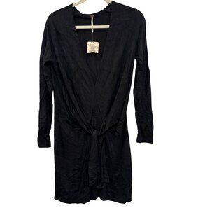 Free People Womens Cardigan M Black Knit Long Sleeve Open Front Tie Waist
